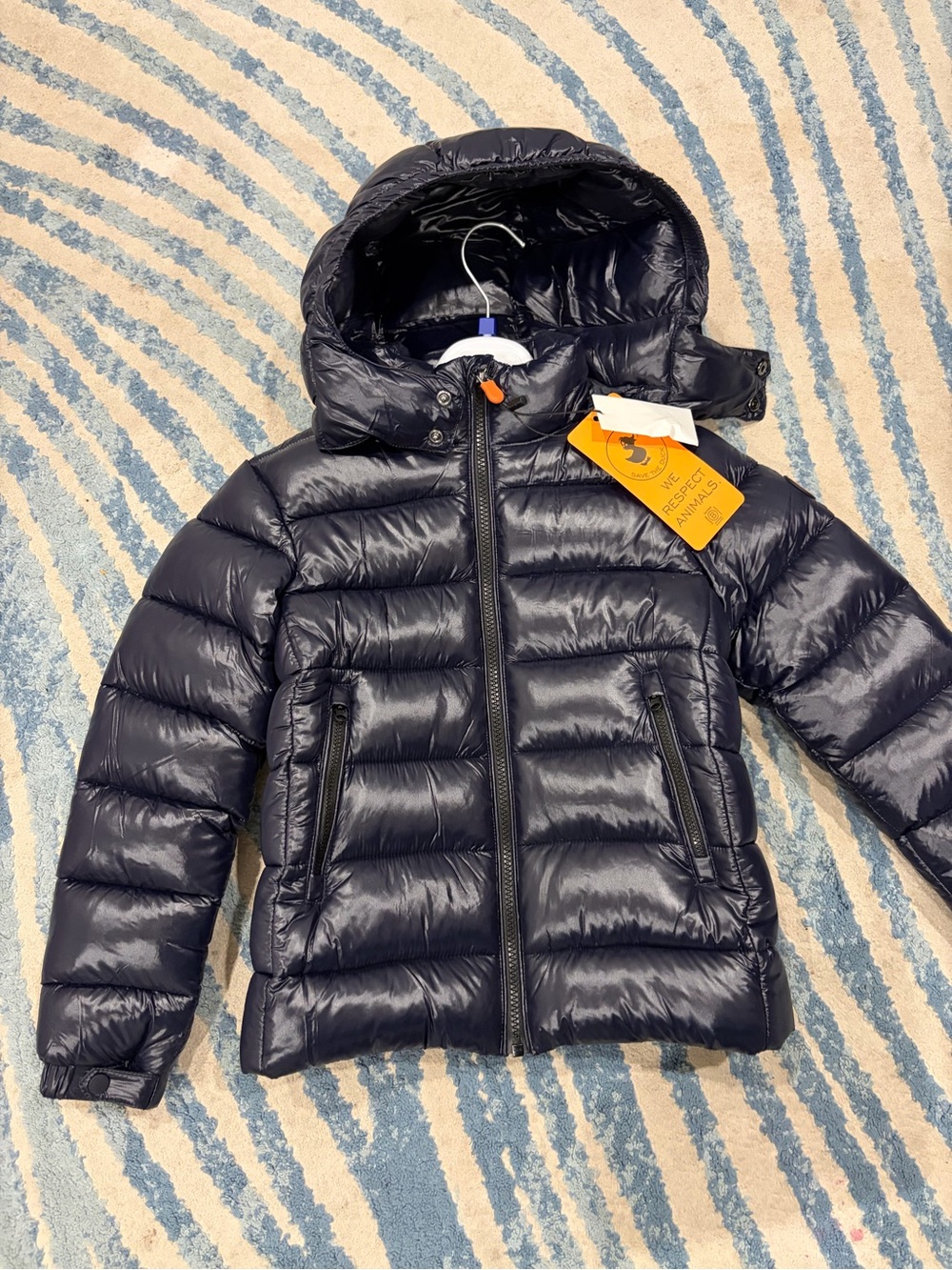 Save the duck Size 8 Shiny Quilted Hooded Puffer Jacket - Navy